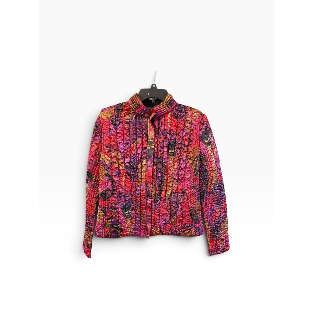 Ruby Rd Petite Quilted Jacket Pink Gold Abstract Floral Crinkle Zip Front PL